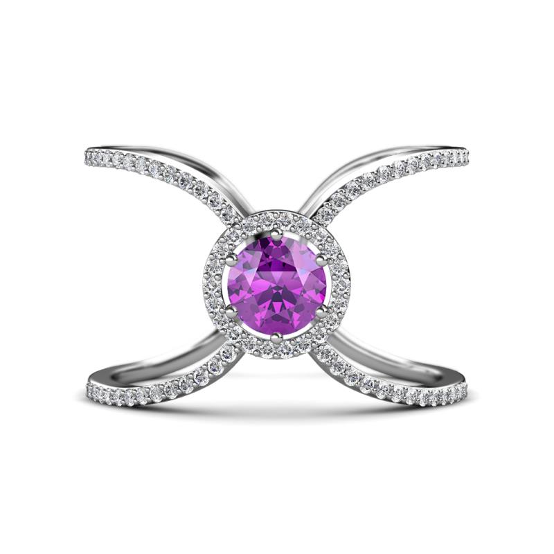 Carole Rainbow Round Amethyst and Diamond Criss Cross X Halo Engagement Ring 