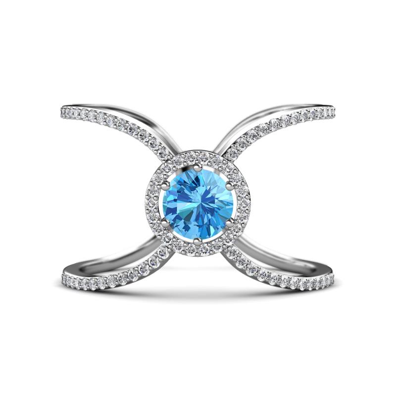 Carole Rainbow Round Blue Topaz and Diamond Criss Cross X Halo Engagement Ring 