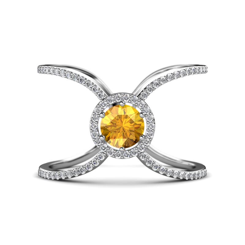 Carole Rainbow Round Citrine and Diamond Criss Cross X Halo Engagement Ring 