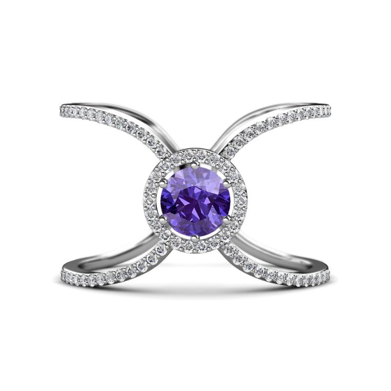 Carole Rainbow Round Iolite and Diamond Criss Cross X Halo Engagement Ring 