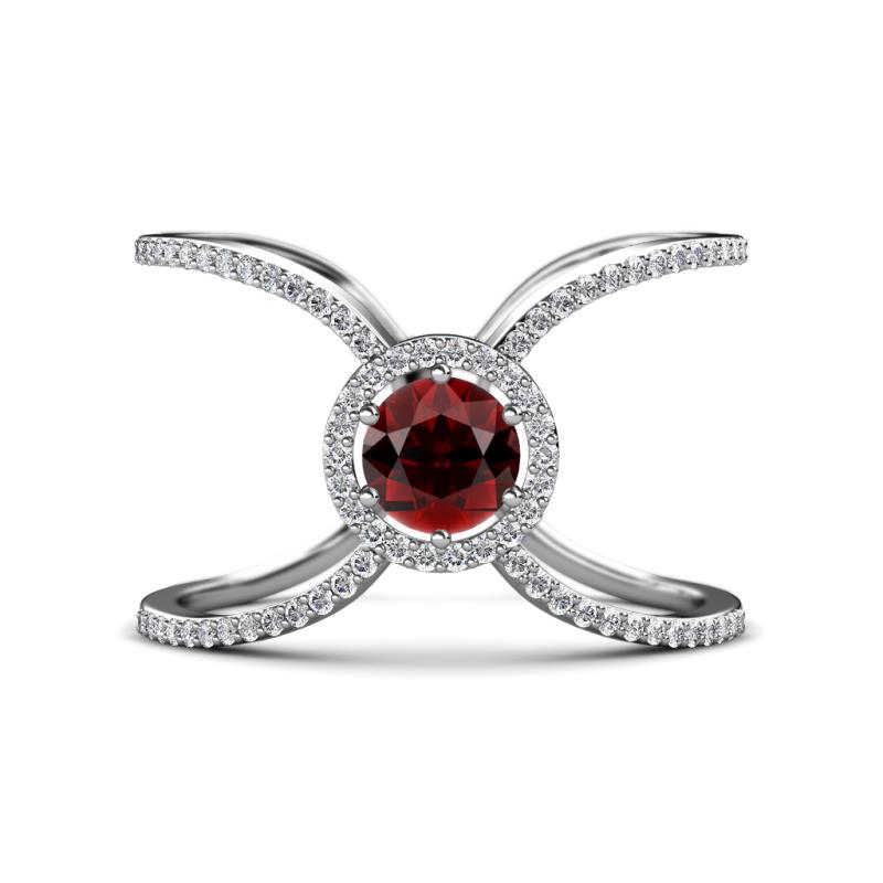 Carole Rainbow Round Red Garnet and Diamond Criss Cross X Halo Engagement Ring 