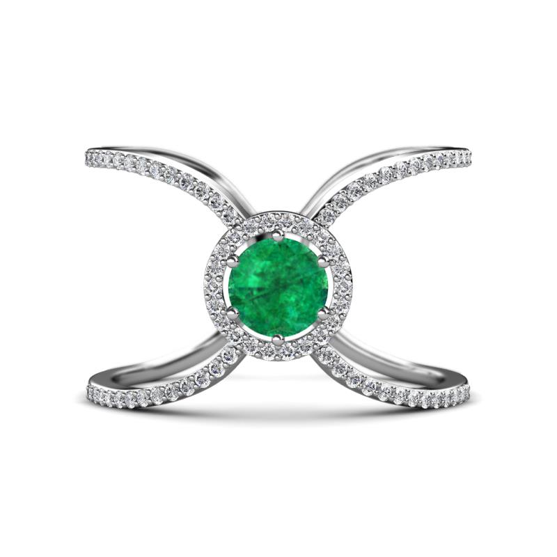 Carole Rainbow Round Emerald and Diamond Criss Cross X Halo Engagement Ring 