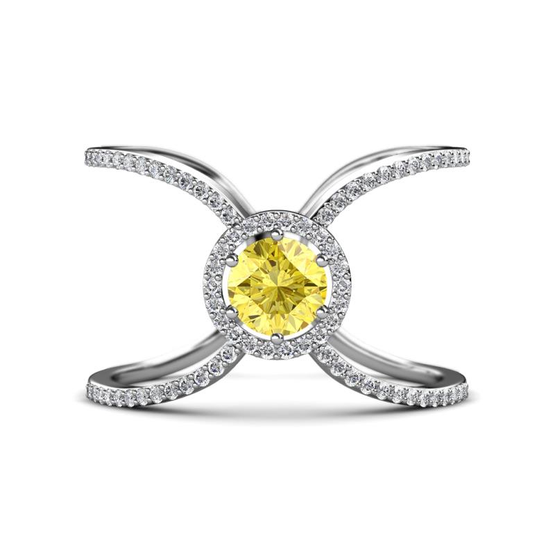 Carole Rainbow Round Yellow Sapphire and Diamond Criss Cross X Halo Engagement Ring 