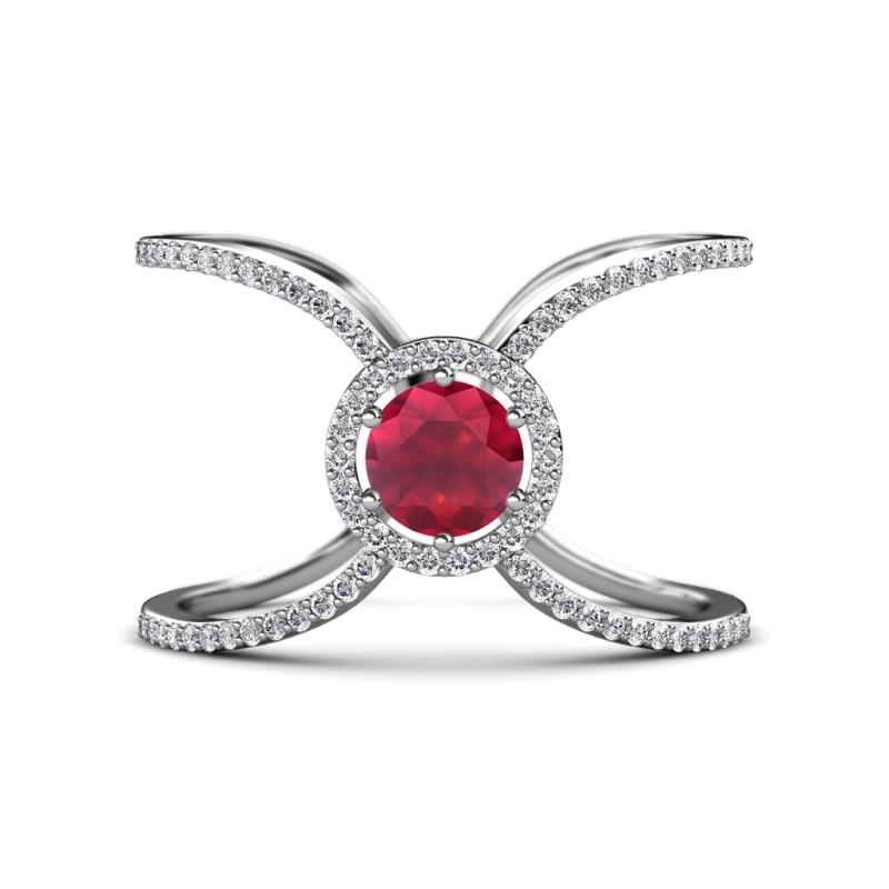 Carole Rainbow Round Ruby and Diamond Criss Cross X Halo Engagement Ring 