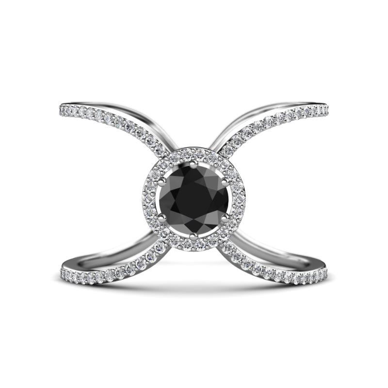 Carole Rainbow Round Black and White Diamond Criss Cross X Halo Engagement Ring 