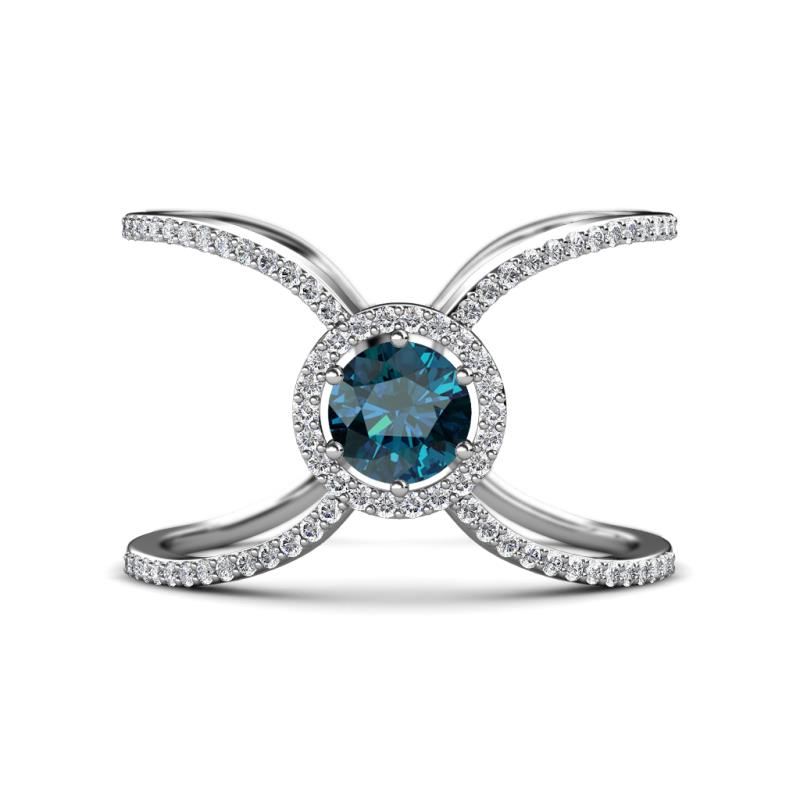Carole Rainbow Round Blue and White Diamond Criss Cross X Halo Engagement Ring 
