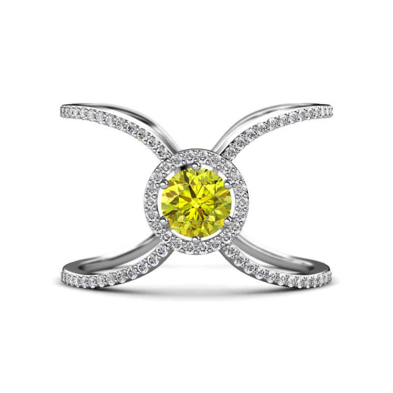 Carole Rainbow Round Yellow and White Diamond Criss Cross X Halo Engagement Ring 