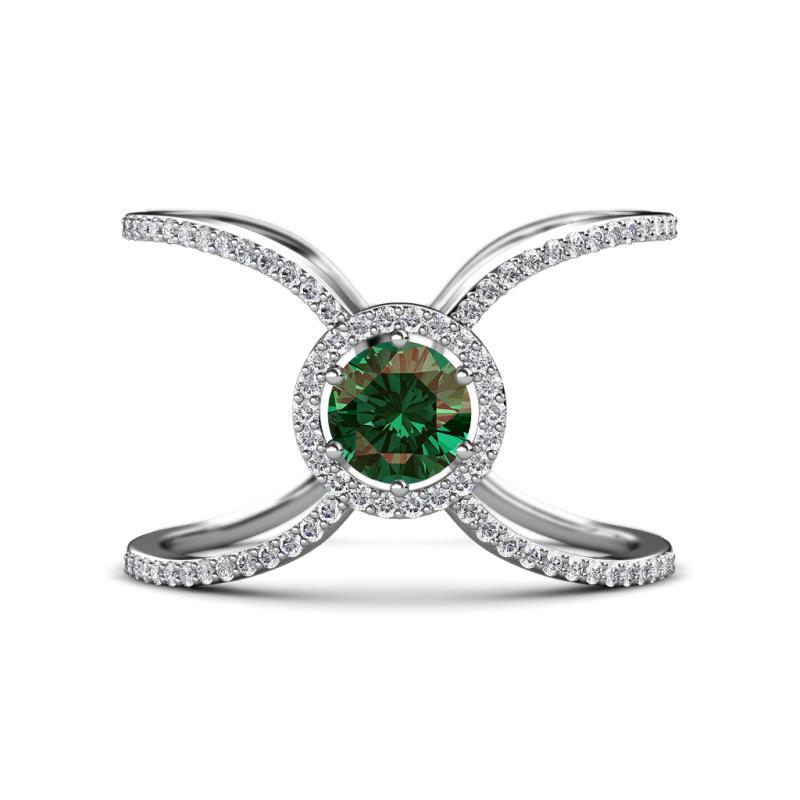 Carole Rainbow Round Diamond and Lab Created Alexandrite Criss Cross X Halo Engagement Ring 