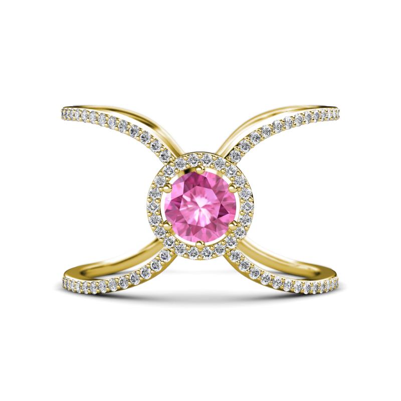 Carole Rainbow Round Pink Sapphire and Diamond Criss Cross X Halo Engagement Ring 