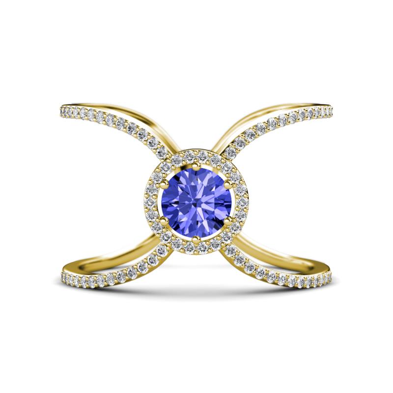 Carole Rainbow Round Tanzanite and Diamond Criss Cross X Halo Engagement Ring 