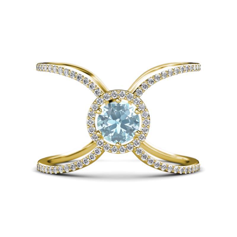 Carole Rainbow Round Aquamarine and Diamond Criss Cross X Halo Engagement Ring 