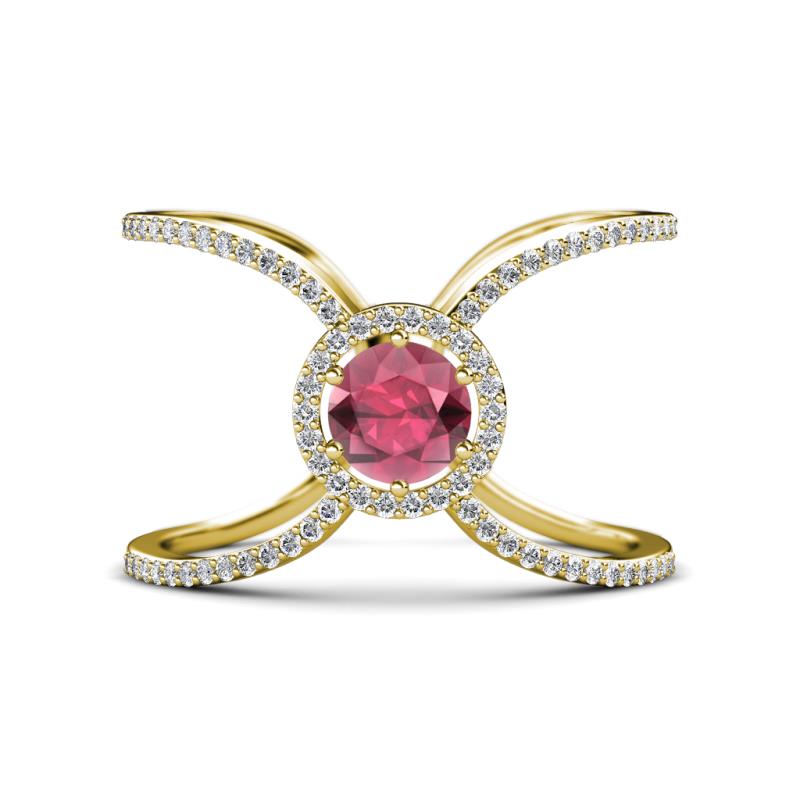 Carole Rainbow Round Rhodolite Garnet and Diamond Criss Cross X Halo Engagement Ring 