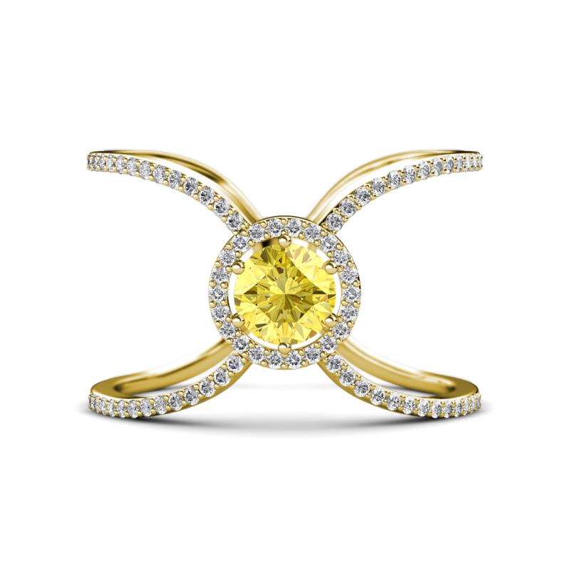 Carole Rainbow Round Yellow Sapphire and Diamond Criss Cross X Halo Engagement Ring 