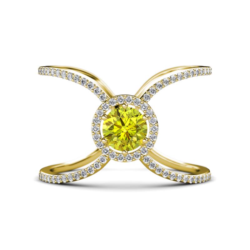 Carole Rainbow Round Yellow and White Diamond Criss Cross X Halo Engagement Ring 
