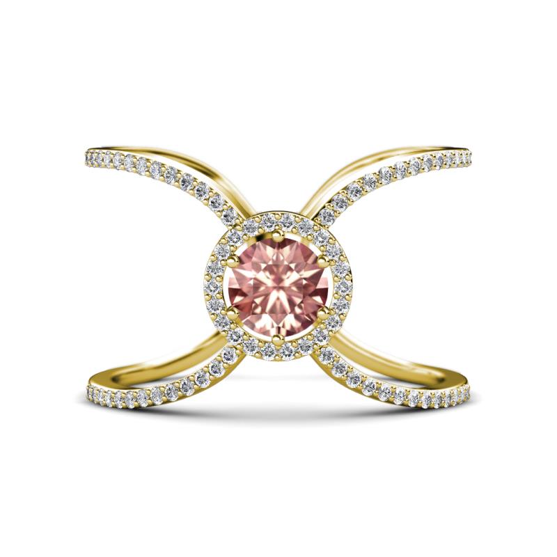 Carole Rainbow Round Morganite and Diamond Criss Cross X Halo Engagement Ring 