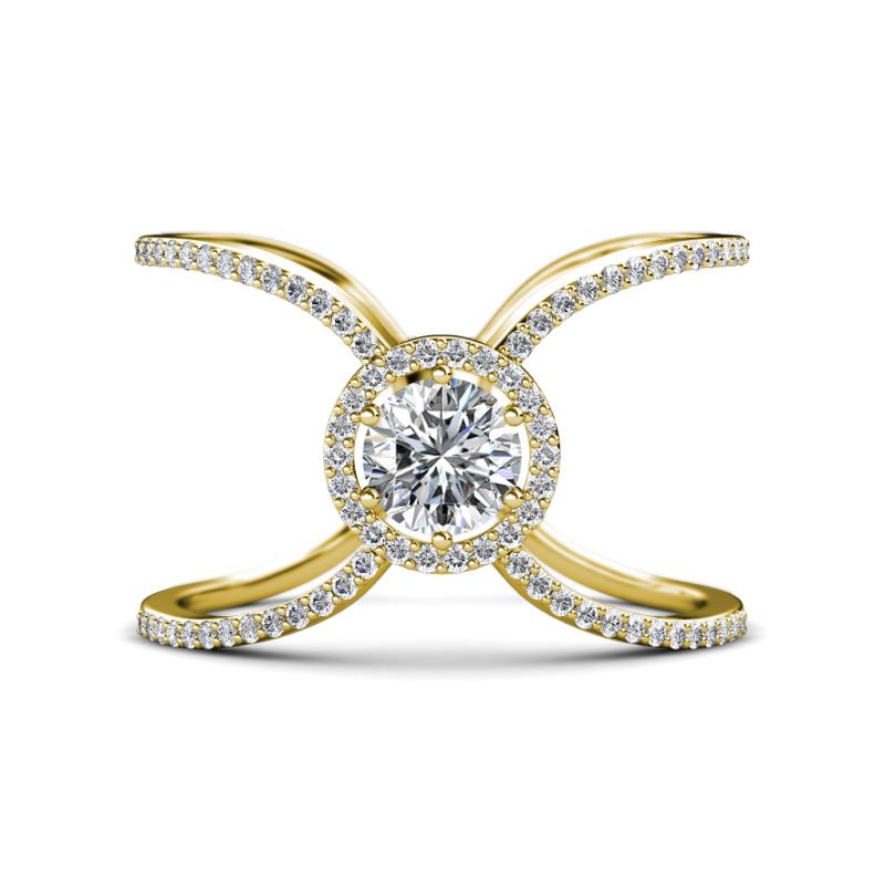 Carole Rainbow Round Diamond Criss Cross X Halo Engagement Ring 