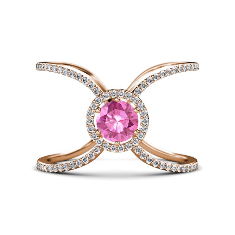 Carole Rainbow Round Pink Sapphire and Diamond Criss Cross X Halo Engagement Ring 
