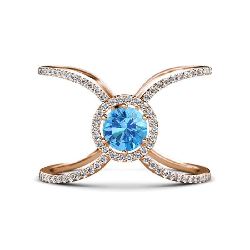 Carole Rainbow Round Blue Topaz and Diamond Criss Cross X Halo Engagement Ring 