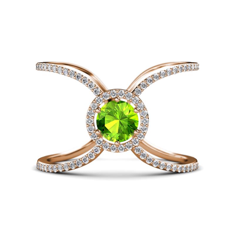 Carole Rainbow Round Peridot and Diamond Criss Cross X Halo Engagement Ring 