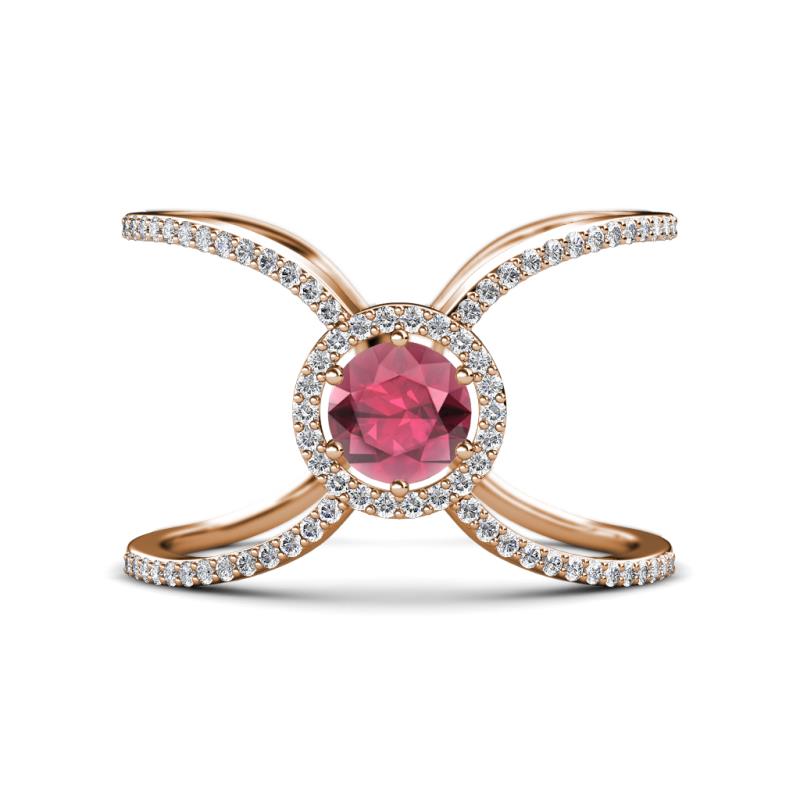 Carole Rainbow Round Rhodolite Garnet and Diamond Criss Cross X Halo Engagement Ring 