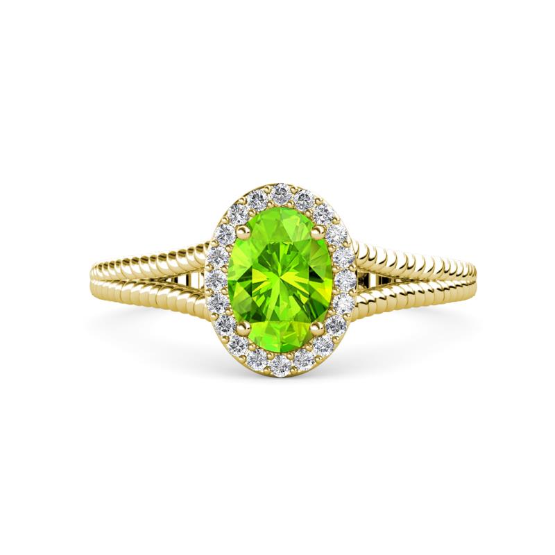 Deborah Desire Oval Cut Peridot and Round Diamond Twist Rope Split Shank Halo Engagement Ring 