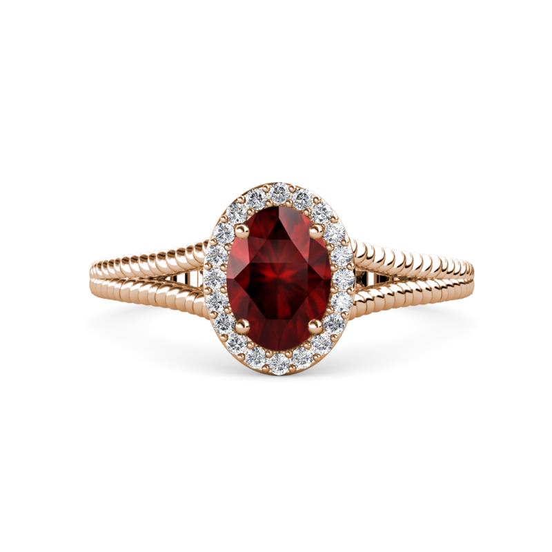 Deborah Desire Oval Cut Red Garnet and Round Diamond Twist Rope Split Shank Halo Engagement Ring 