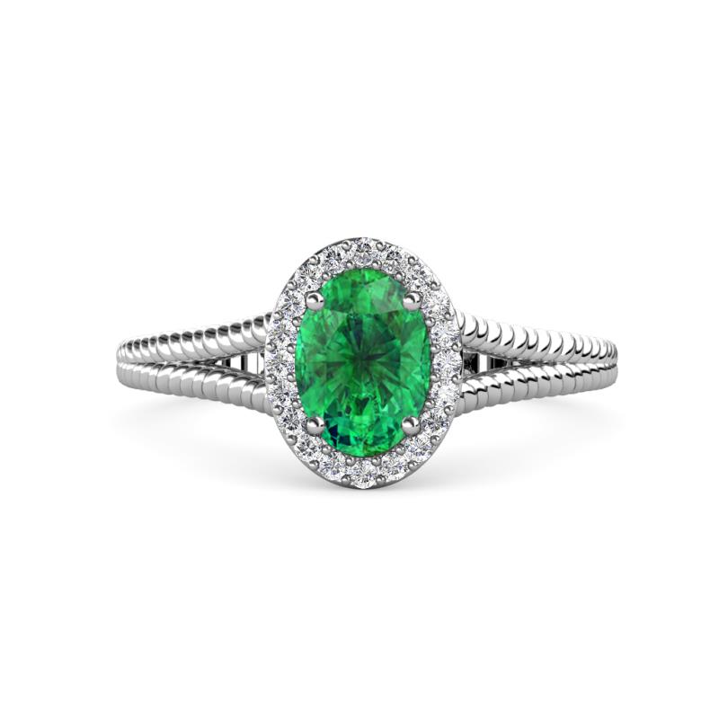 Deborah Desire Oval Cut Emerald and Round Diamond Twist Rope Split Shank Halo Engagement Ring 