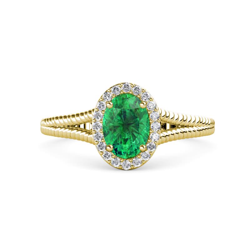 Deborah Desire Oval Cut Emerald and Round Diamond Twist Rope Split Shank Halo Engagement Ring 