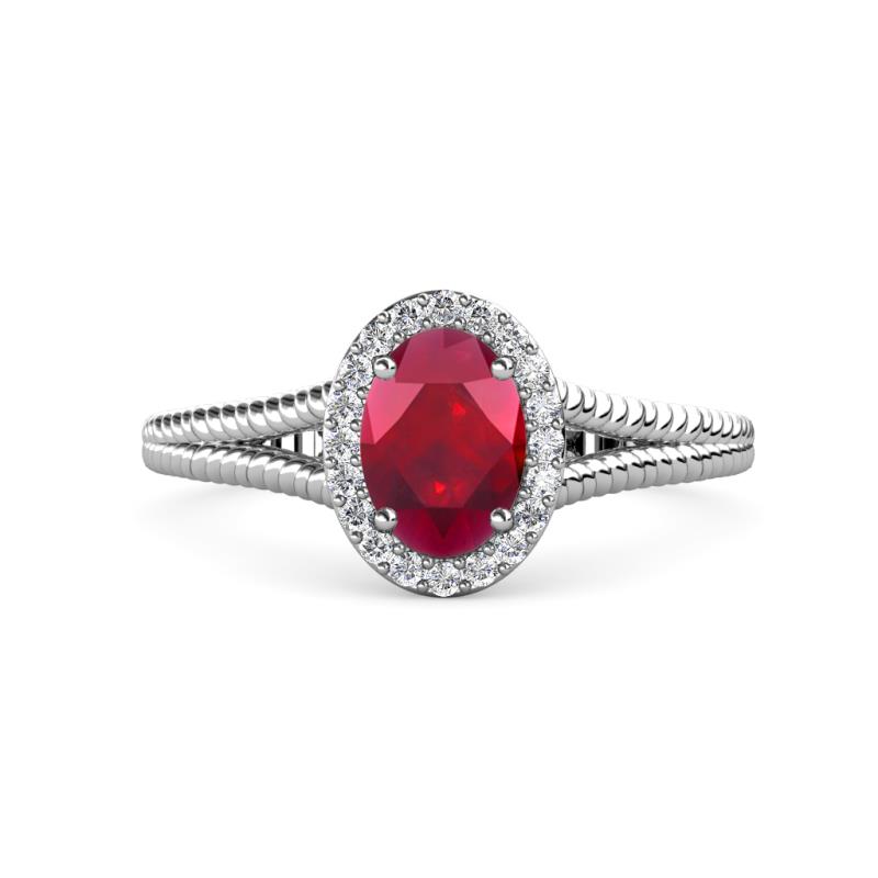 Deborah Desire Oval Cut Ruby and Round Diamond Twist Rope Split Shank Halo Engagement Ring 