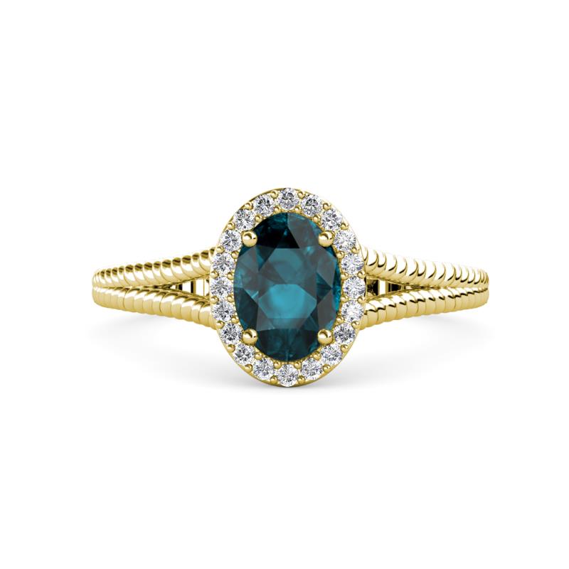 Deborah Desire Oval Cut London Blue Topaz and Round Diamond Twist Rope Split Shank Halo Engagement Ring 