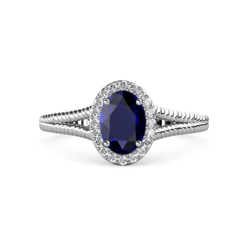 Deborah Desire Oval Cut Blue Sapphire and Round Diamond Twist Rope Split Shank Halo Engagement Ring 