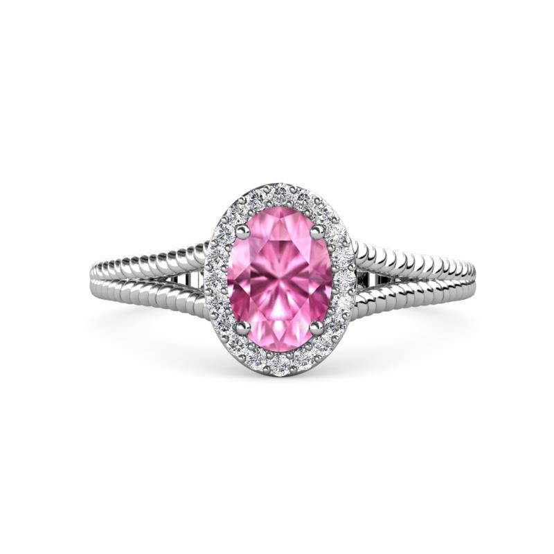 Deborah Desire Oval Cut Pink Sapphire and Round Diamond Twist Rope Split Shank Halo Engagement Ring 
