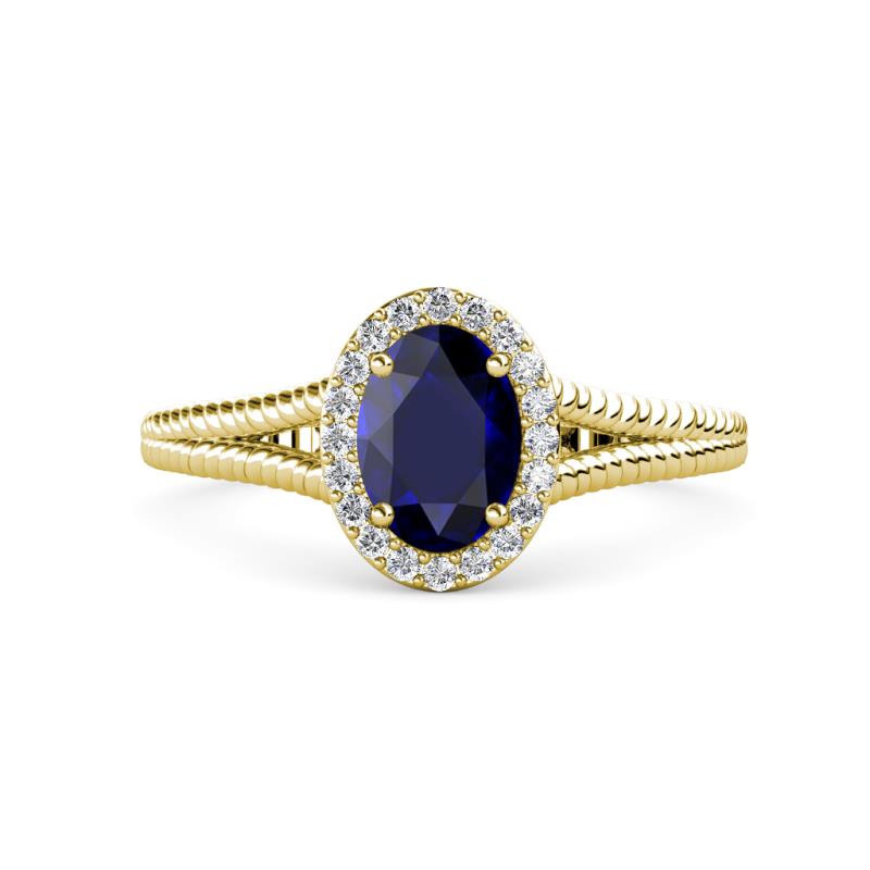 Deborah Desire Oval Cut Blue Sapphire and Round Diamond Twist Rope Split Shank Halo Engagement Ring 