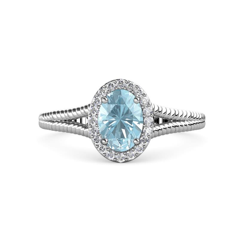 Deborah Desire Oval Cut Aquamarine and Round Diamond Twist Rope Split Shank Halo Engagement Ring 
