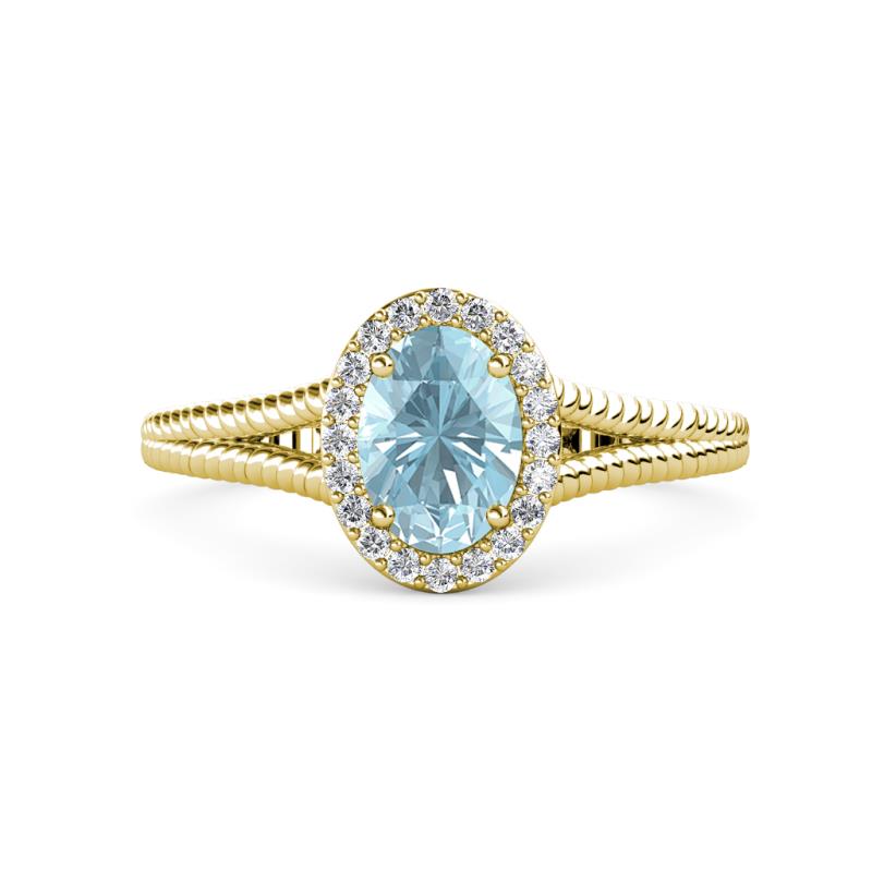 Deborah Desire Oval Cut Aquamarine and Round Diamond Twist Rope Split Shank Halo Engagement Ring 