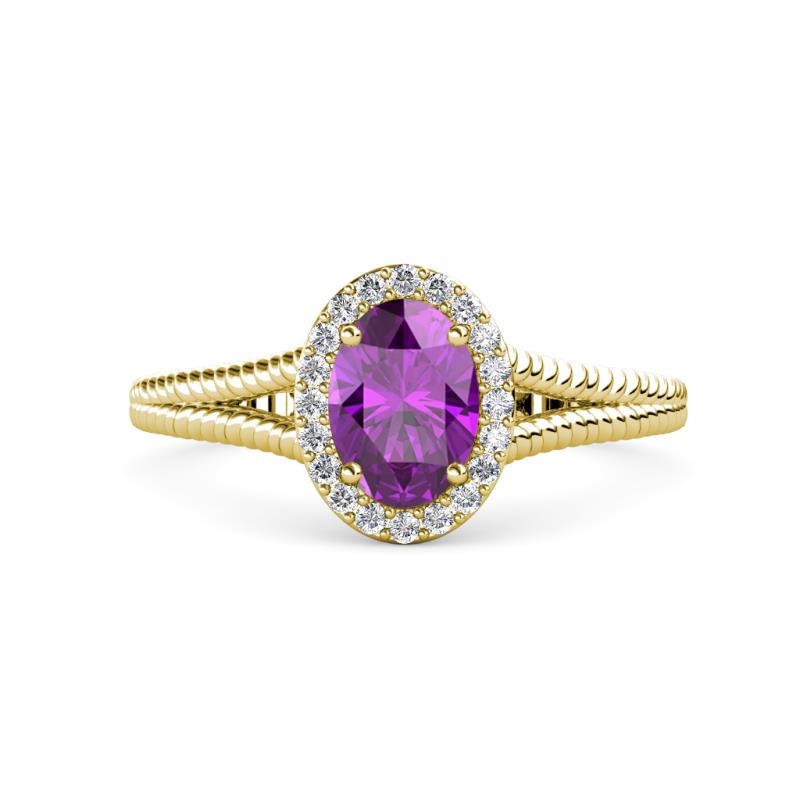 Deborah Desire Oval Cut Amethyst and Round Diamond Twist Rope Split Shank Halo Engagement Ring 