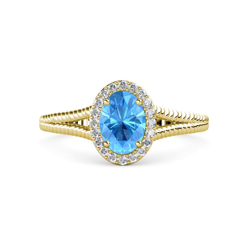 Deborah Desire Oval Cut Blue Topaz and Round Diamond Twist Rope Split Shank Halo Engagement Ring 