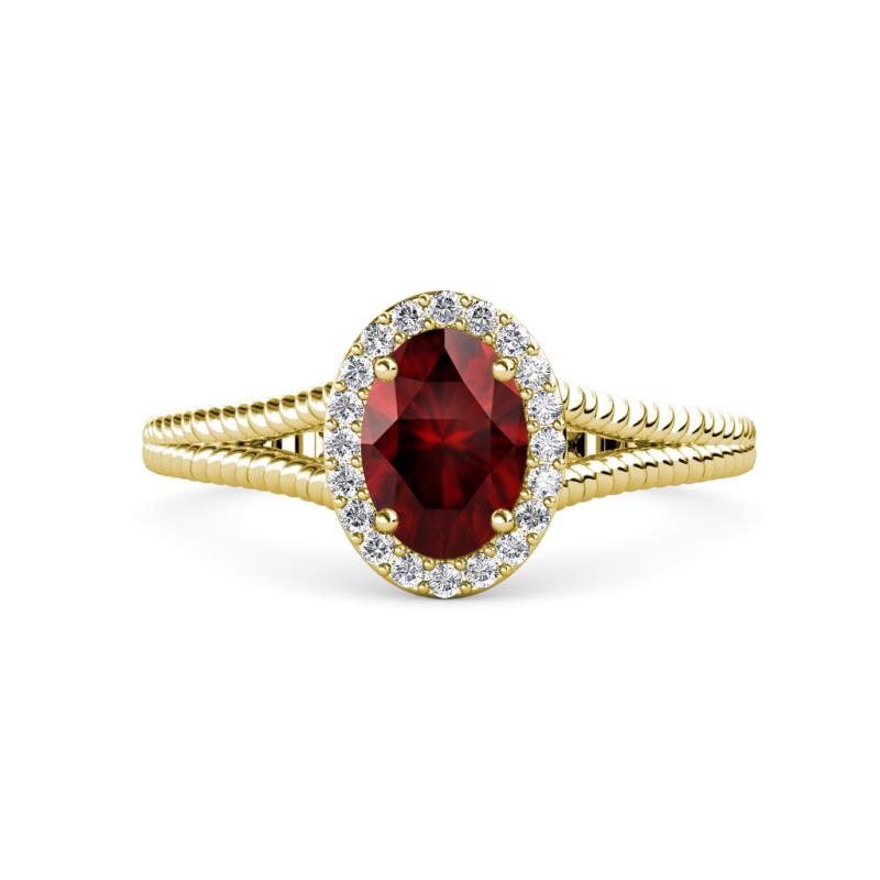 Deborah Desire Oval Cut Red Garnet and Round Diamond Twist Rope Split Shank Halo Engagement Ring 