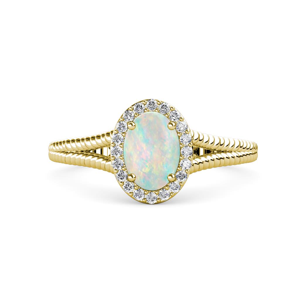 Deborah Desire Oval Cut Opal and Round Diamond Twist Rope Split Shank Halo Engagement Ring 