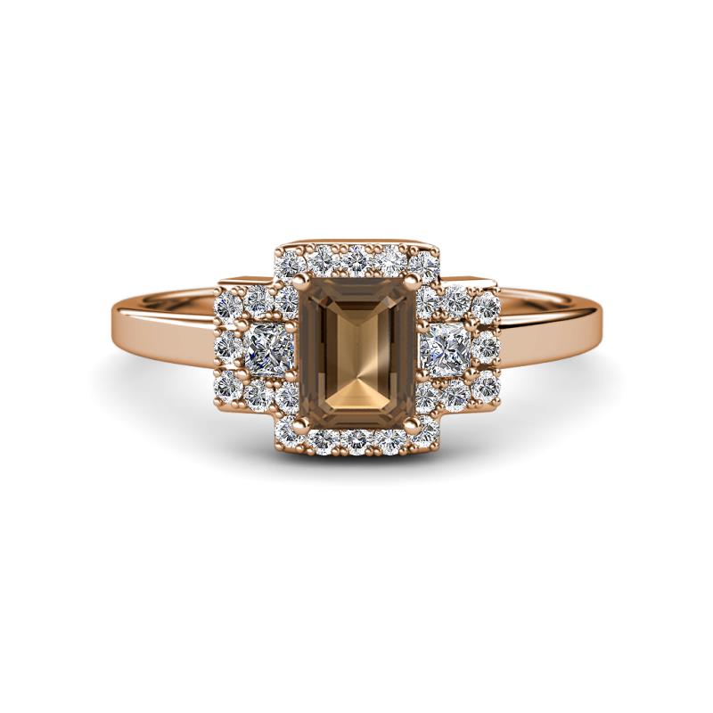 Jessica Rainbow Emerald Cut Smoky Quartz with Round and Princess Cut Diamond Engagement Ring 