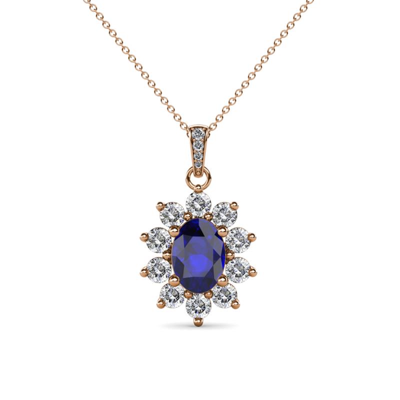 Raizel (7 x 5 mm) Blue Sapphire and Diamond Floral Halo Pendant 