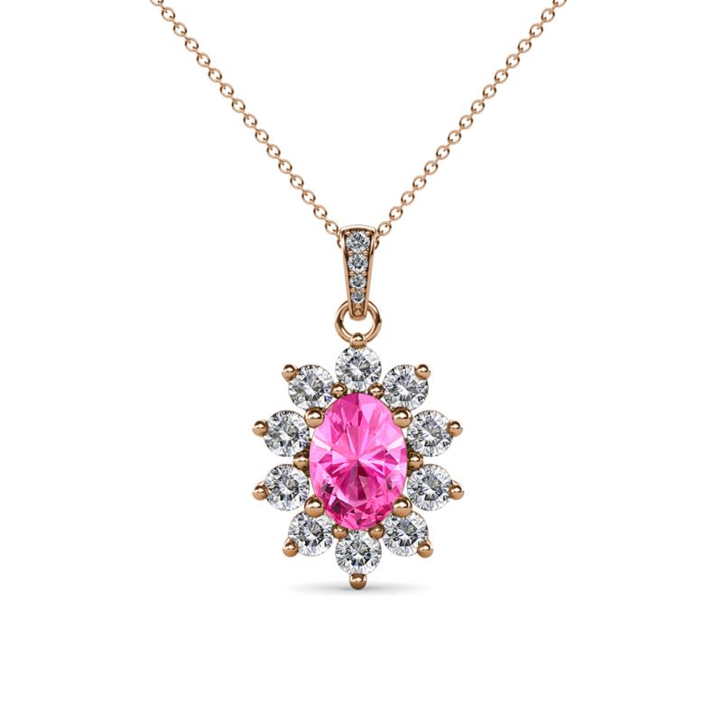 Raizel (7 x 5 mm) Pink Sapphire and Diamond Floral Halo Pendant 