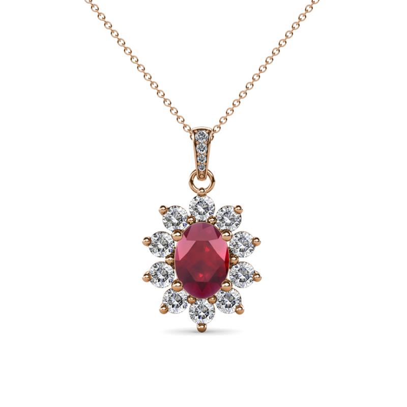 Raizel (7 x 5 mm) Ruby and Diamond Floral Halo Pendant 