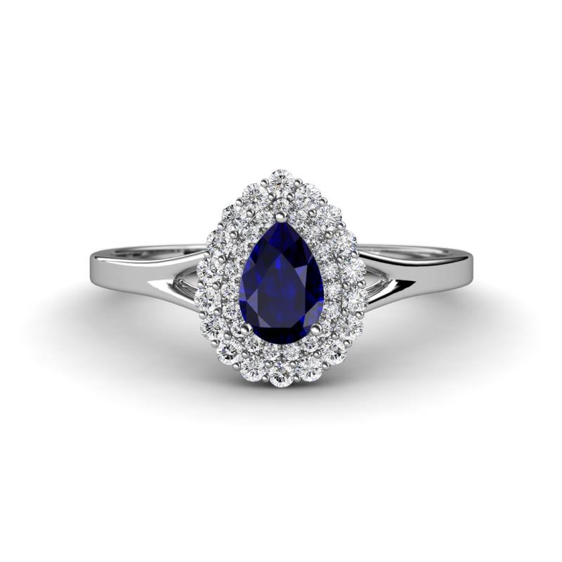 Kristen Rainbow Pear Cut Blue Sapphire and Round Diamond Halo Engagement Ring 