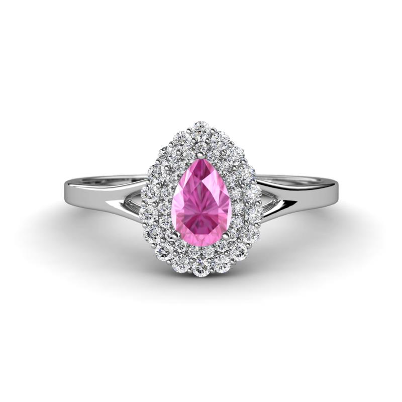 Kristen Rainbow Pear Cut Pink Sapphire and Round Diamond Halo Engagement Ring 