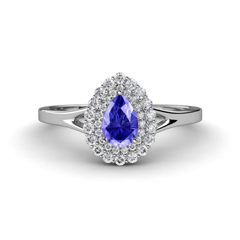 Kristen Rainbow Pear Cut Tanzanite and Round Diamond Halo Engagement Ring 