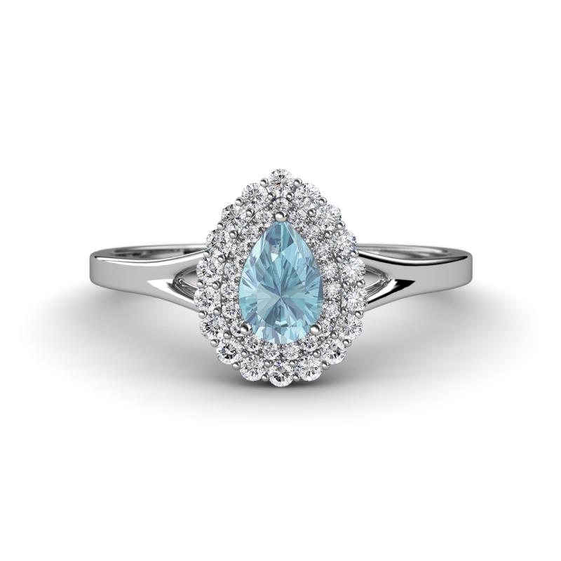 Kristen Rainbow Pear Cut Aquamarine and Round Diamond Halo Engagement Ring 