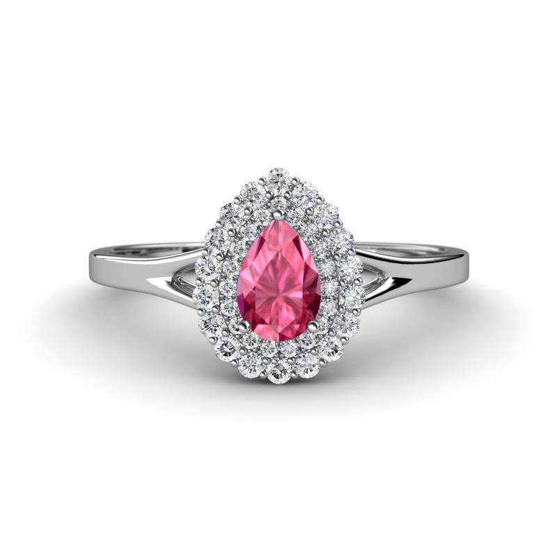 Kristen Rainbow Pear Cut Pink Tourmaline and Round Diamond Halo Engagement Ring 