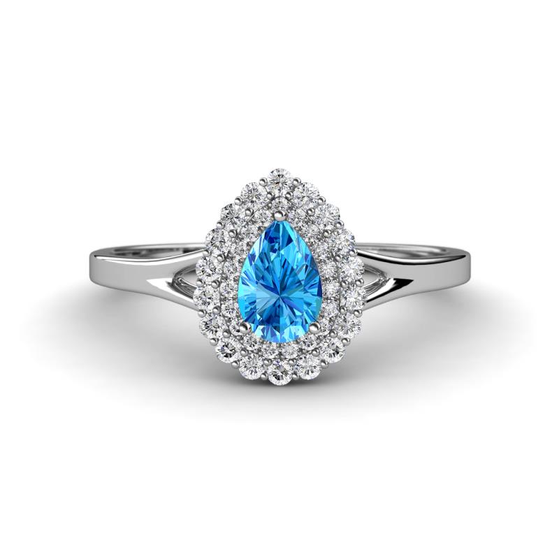 Kristen Rainbow Pear Cut Blue Topaz and Round Diamond Halo Engagement Ring 