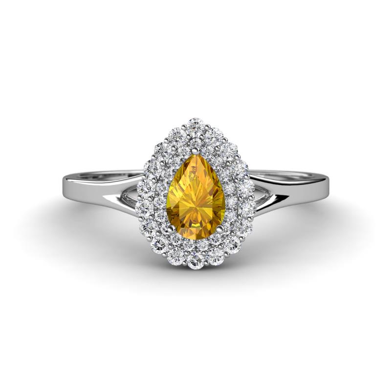 Kristen Rainbow Pear Cut Citrine and Round Diamond Halo Engagement Ring 